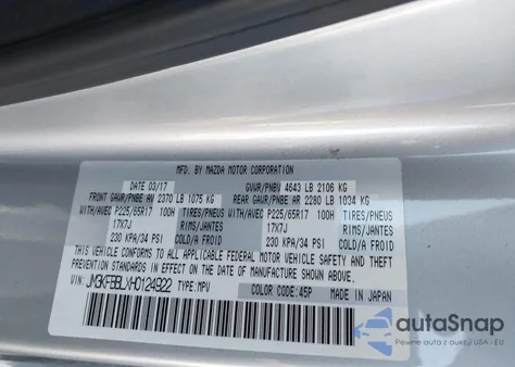 2017 Mazda Cx-5 Sport z USA, uszkodzony, nr VIN JM3KFBBLXH0124922